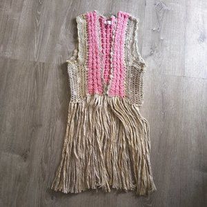 Hand Crochet Gypsy Inspired Beige and Pink Vest with Extra Long Fringes